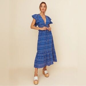 Anthropologie x o.p.t. Blue Eyelet Jardin Dress Lace Small White Boho Ruffle